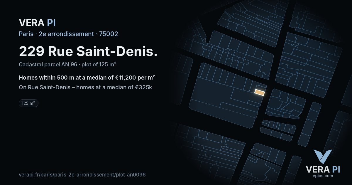 229 Rue Saint-Denis, 2e arrondissement at night – the plot lit, the parcels around coloured by the prices near them