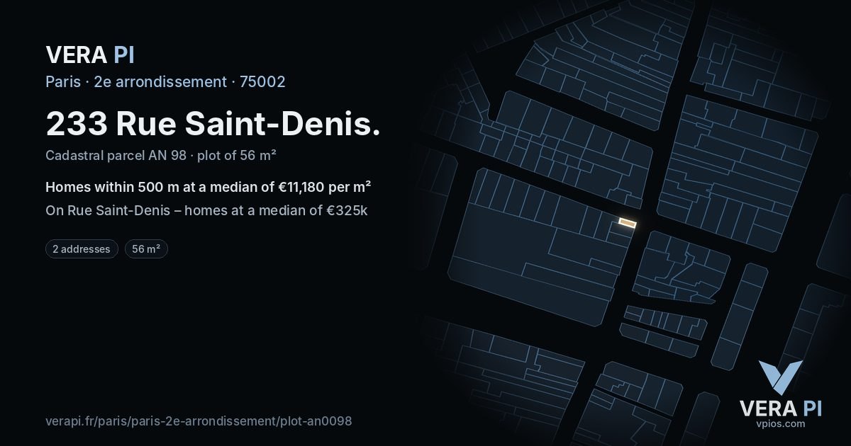 233 Rue Saint-Denis, 2e arrondissement at night – the plot lit, the parcels around coloured by the prices near them