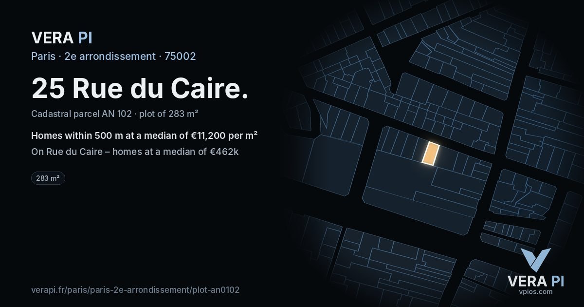 25 Rue du Caire, 2e arrondissement at night – the plot lit, the parcels around coloured by the prices near them