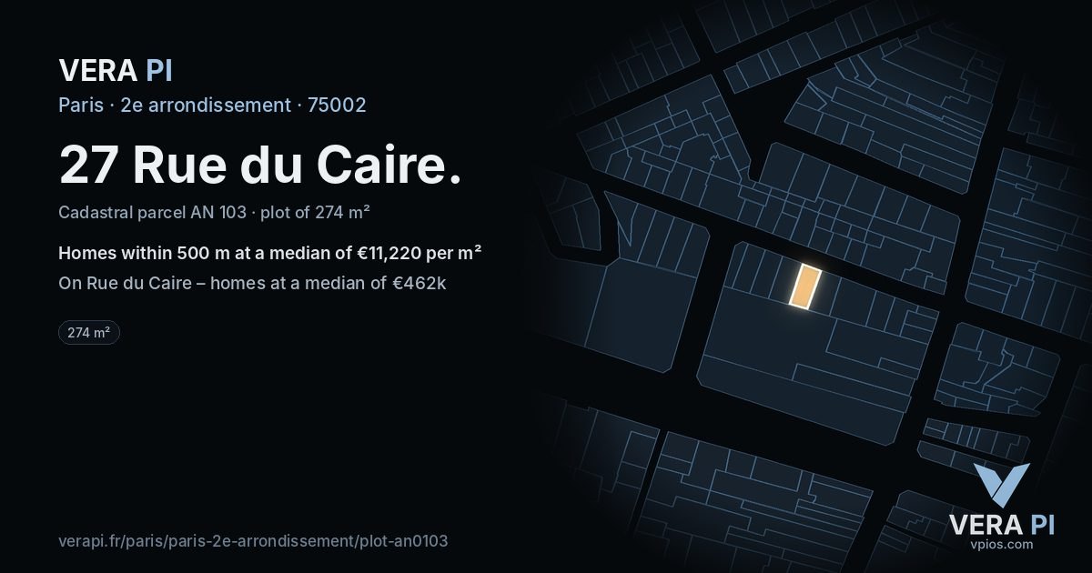 27 Rue du Caire, 2e arrondissement at night – the plot lit, the parcels around coloured by the prices near them