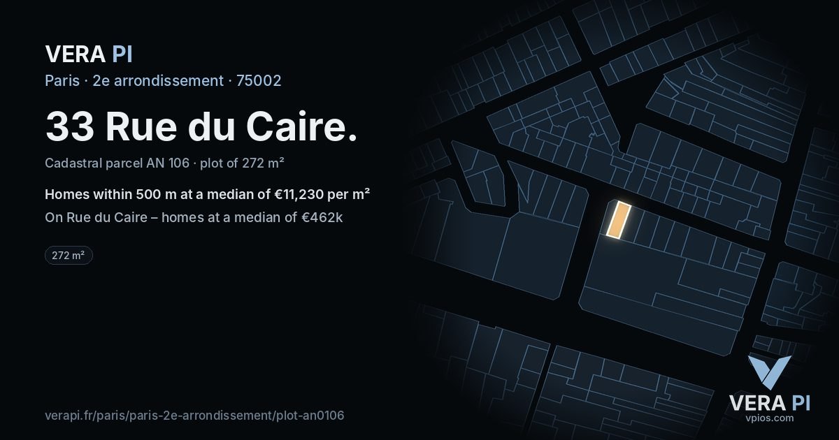 33 Rue du Caire, 2e arrondissement at night – the plot lit, the parcels around coloured by the prices near them