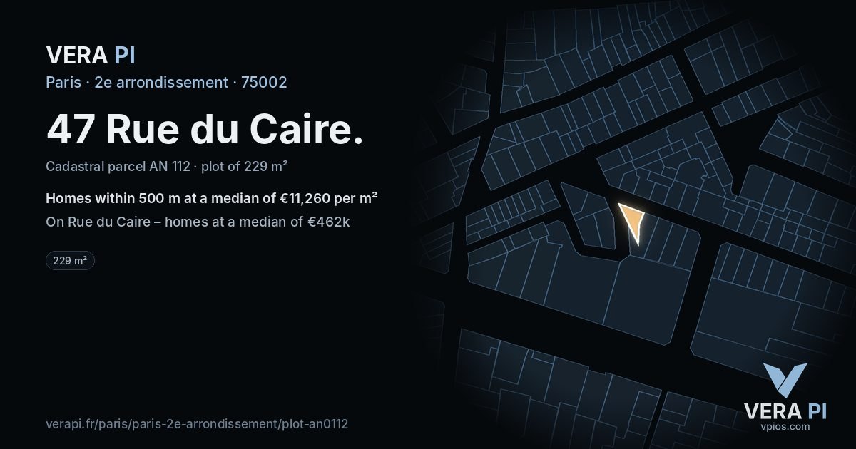 47 Rue du Caire, 2e arrondissement at night – the plot lit, the parcels around coloured by the prices near them