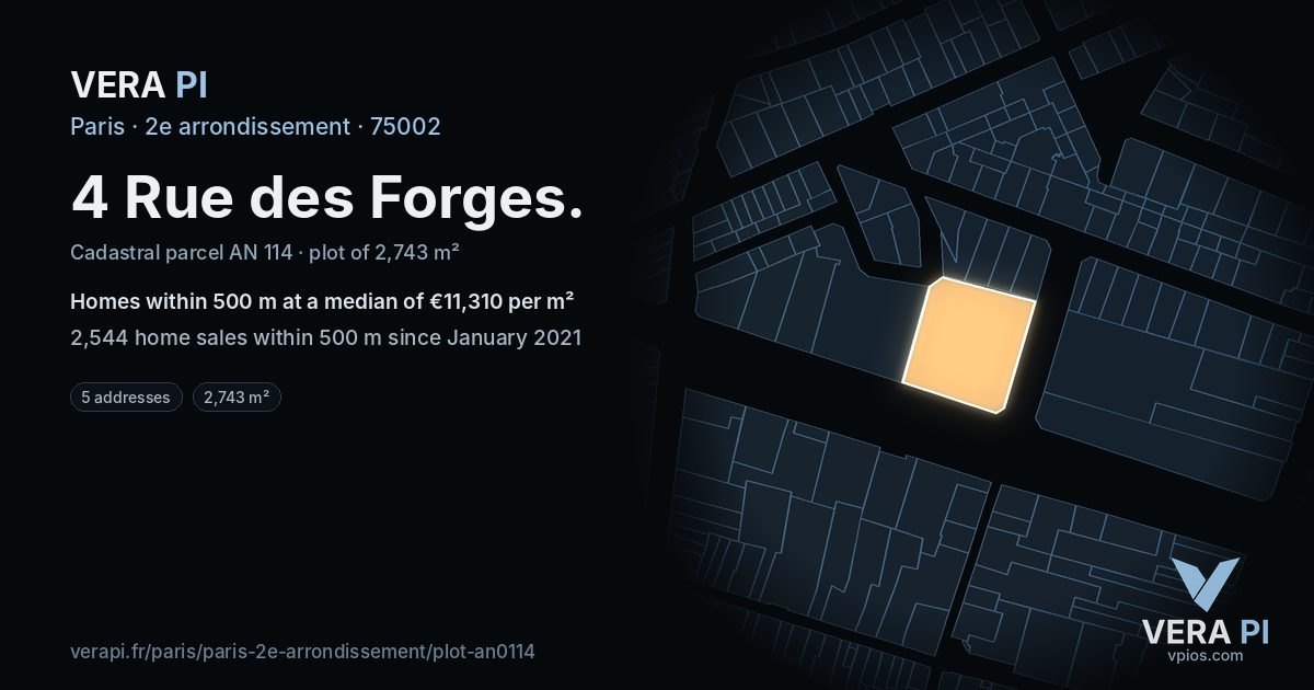 4 Rue des Forges, 2e arrondissement at night – the plot lit, the parcels around coloured by the prices near them