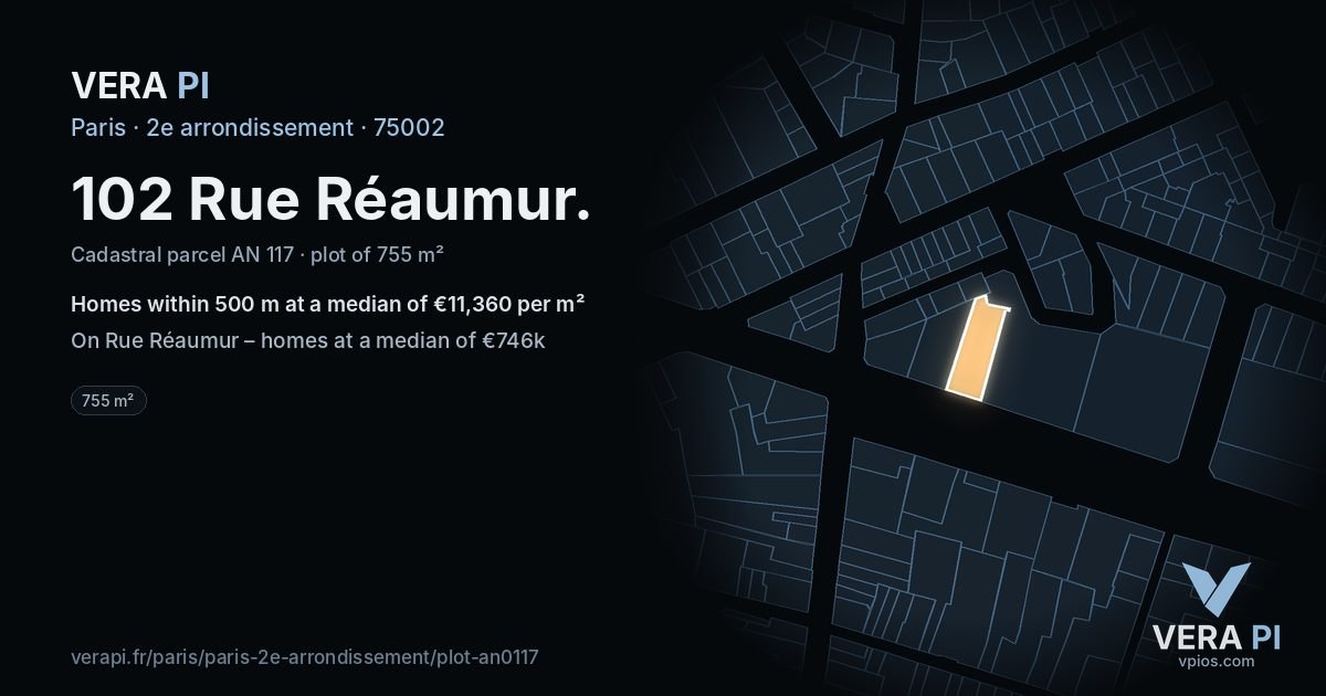 102 Rue Réaumur, 2e arrondissement at night – the plot lit, the parcels around coloured by the prices near them