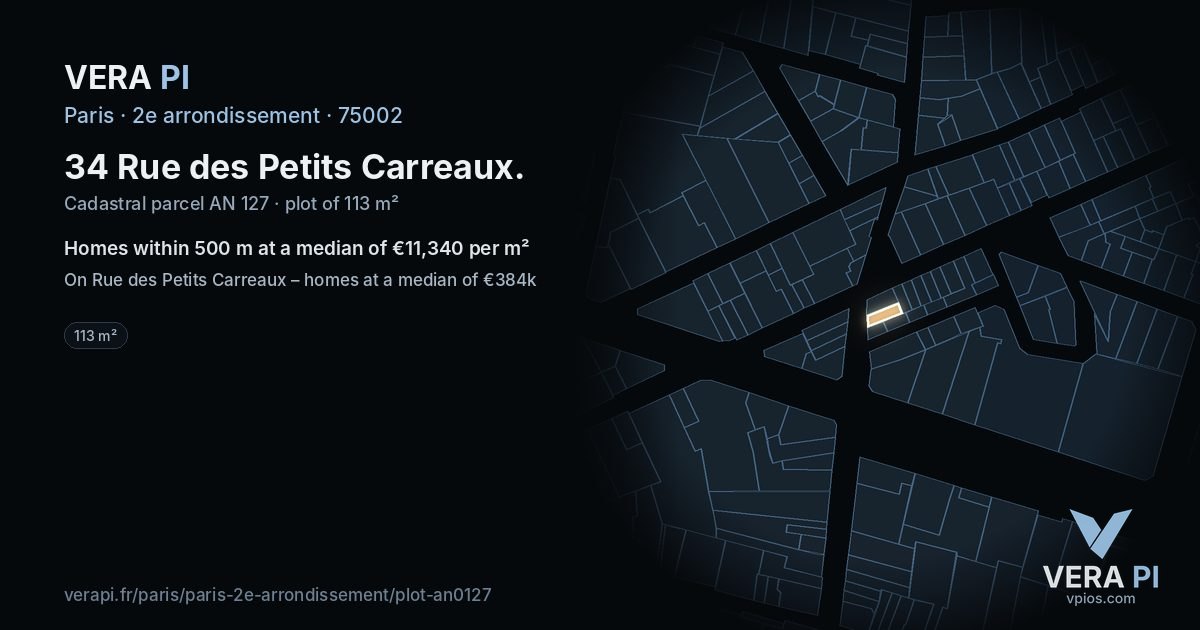 34 Rue des Petits Carreaux, 2e arrondissement at night – the plot lit, the parcels around coloured by the prices near them