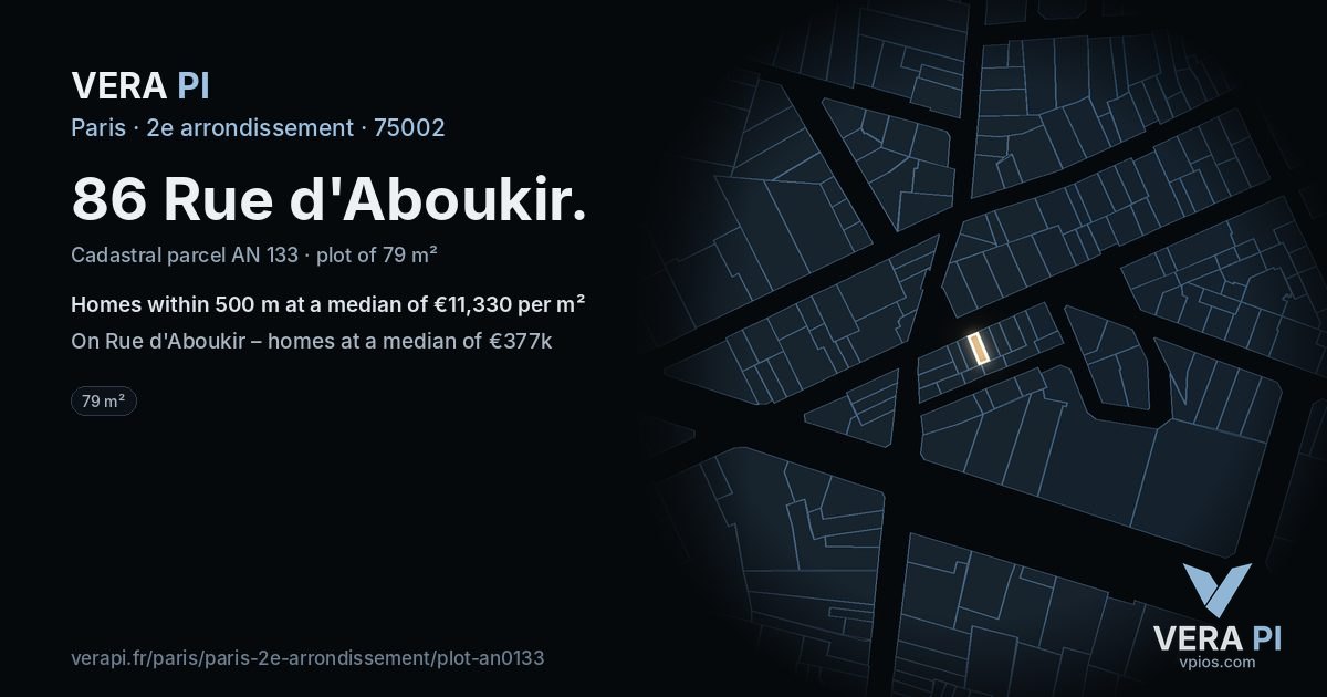 86 Rue d'Aboukir, 2e arrondissement at night – the plot lit, the parcels around coloured by the prices near them