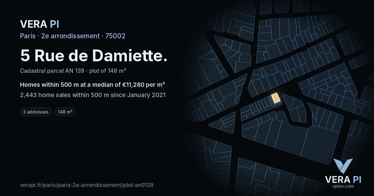 5 Rue de Damiette, 2e arrondissement at night – the plot lit, the parcels around coloured by the prices near them