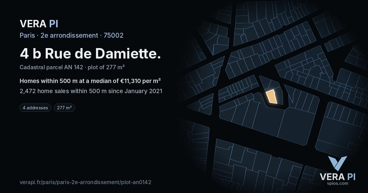 4 b Rue de Damiette, 2e arrondissement at night – the plot lit, the parcels around coloured by the prices near them