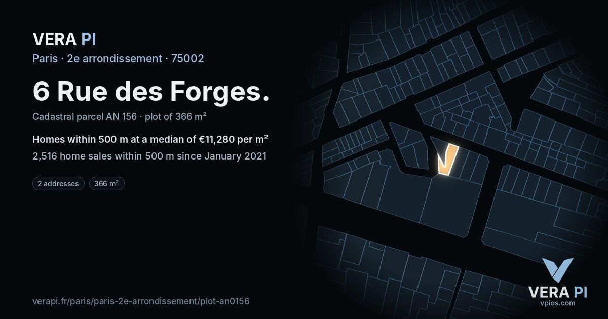 6 Rue des Forges, 2e arrondissement at night – the plot lit, the parcels around coloured by the prices near them