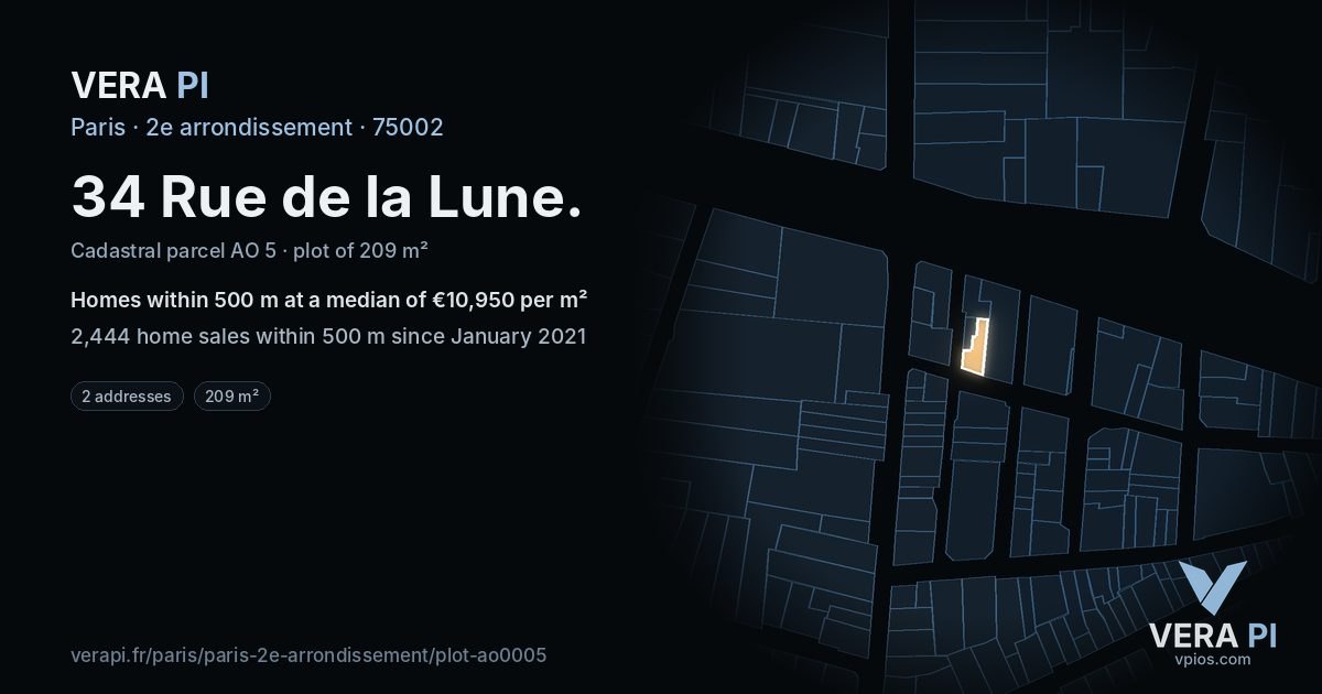 34 Rue de la Lune, 2e arrondissement at night – the plot lit, the parcels around coloured by the prices near them