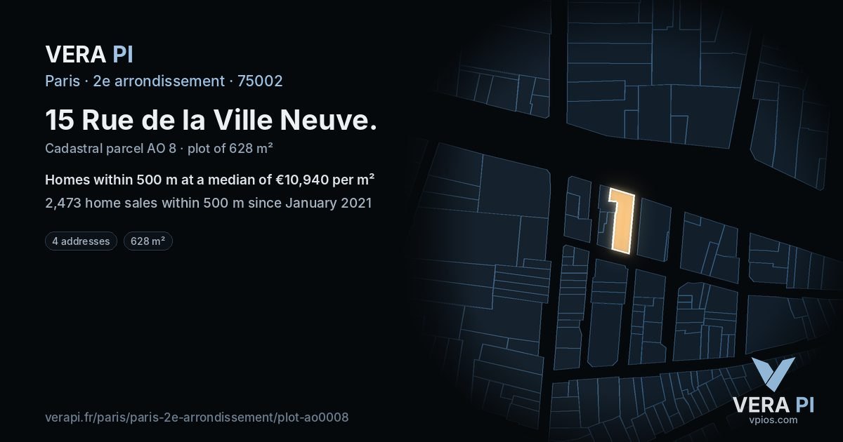 15 Rue de la Ville Neuve, 2e arrondissement at night – the plot lit, the parcels around coloured by the prices near them