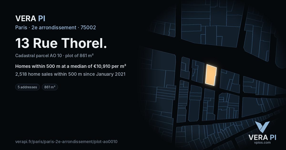 13 Rue Thorel, 2e arrondissement at night – the plot lit, the parcels around coloured by the prices near them