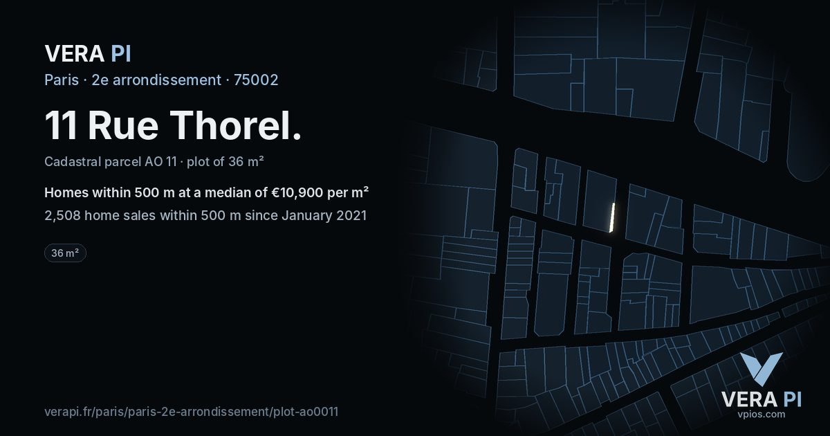 11 Rue Thorel, 2e arrondissement at night – the plot lit, the parcels around coloured by the prices near them