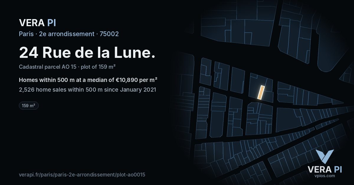 24 Rue de la Lune, 2e arrondissement at night – the plot lit, the parcels around coloured by the prices near them