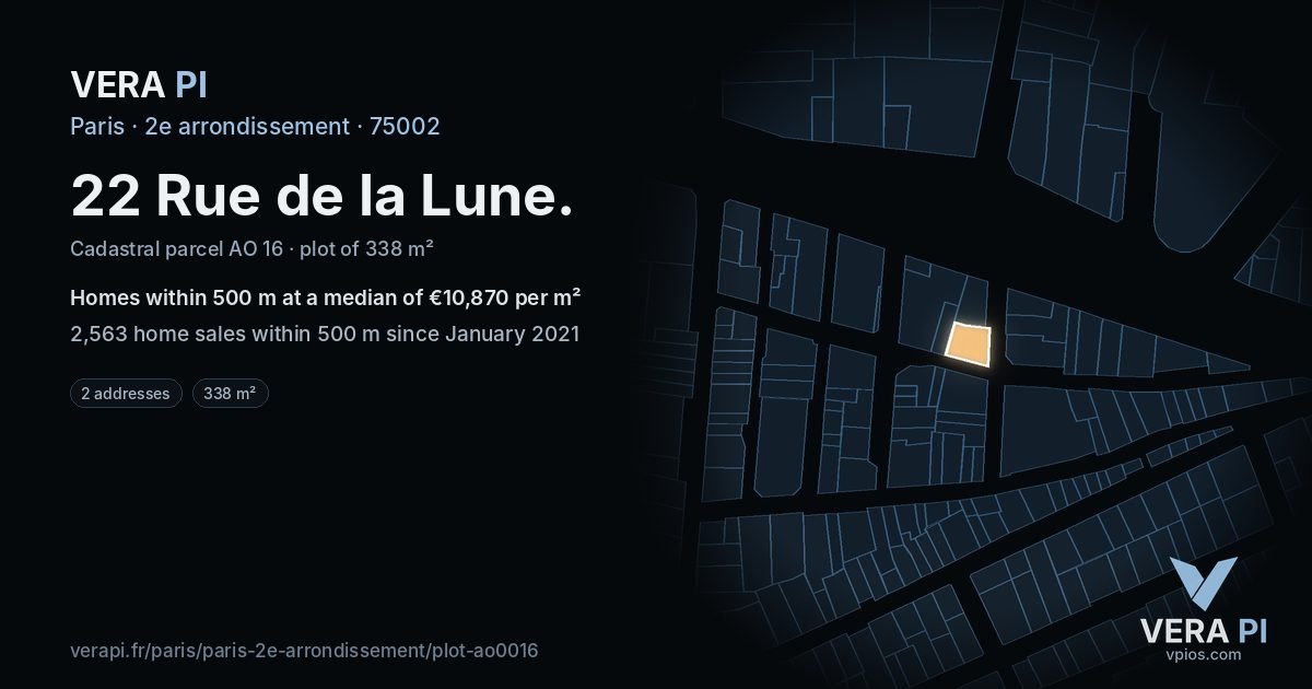 22 Rue de la Lune, 2e arrondissement at night – the plot lit, the parcels around coloured by the prices near them