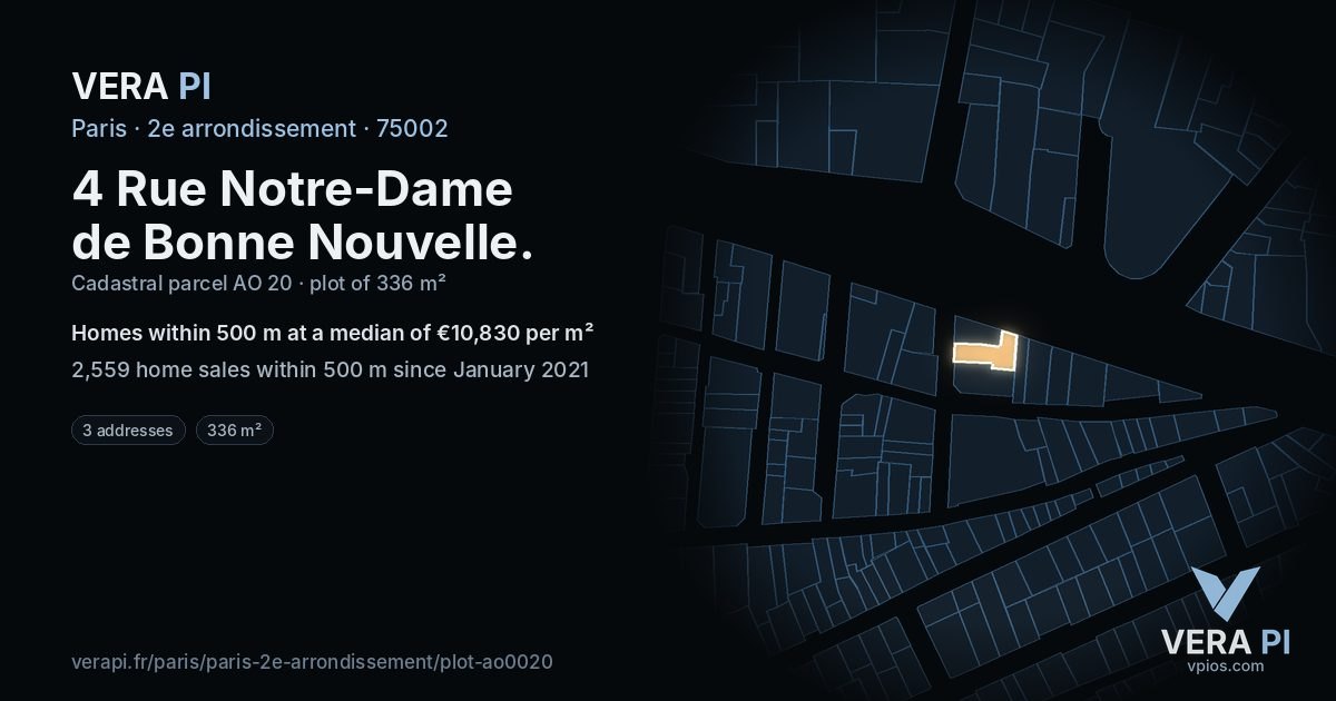 4 Rue Notre-Dame de Bonne Nouvelle, 2e arrondissement at night – the plot lit, the parcels around coloured by the prices near them