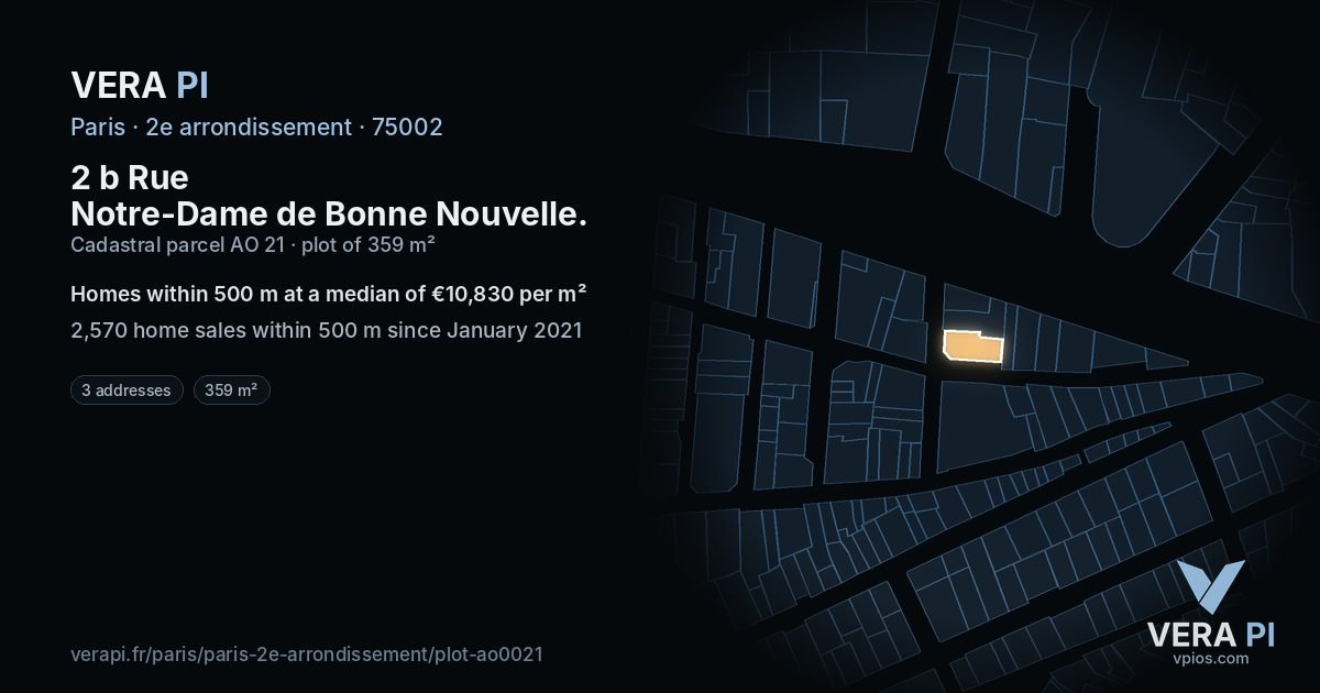2 b Rue Notre-Dame de Bonne Nouvelle, 2e arrondissement at night – the plot lit, the parcels around coloured by the prices near them