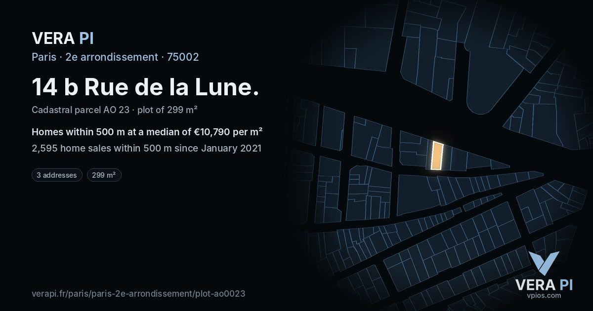 14 b Rue de la Lune, 2e arrondissement at night – the plot lit, the parcels around coloured by the prices near them