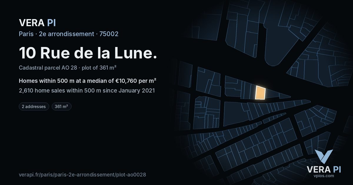 10 Rue de la Lune, 2e arrondissement at night – the plot lit, the parcels around coloured by the prices near them