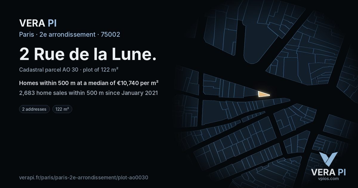 2 Rue de la Lune, 2e arrondissement at night – the plot lit, the parcels around coloured by the prices near them