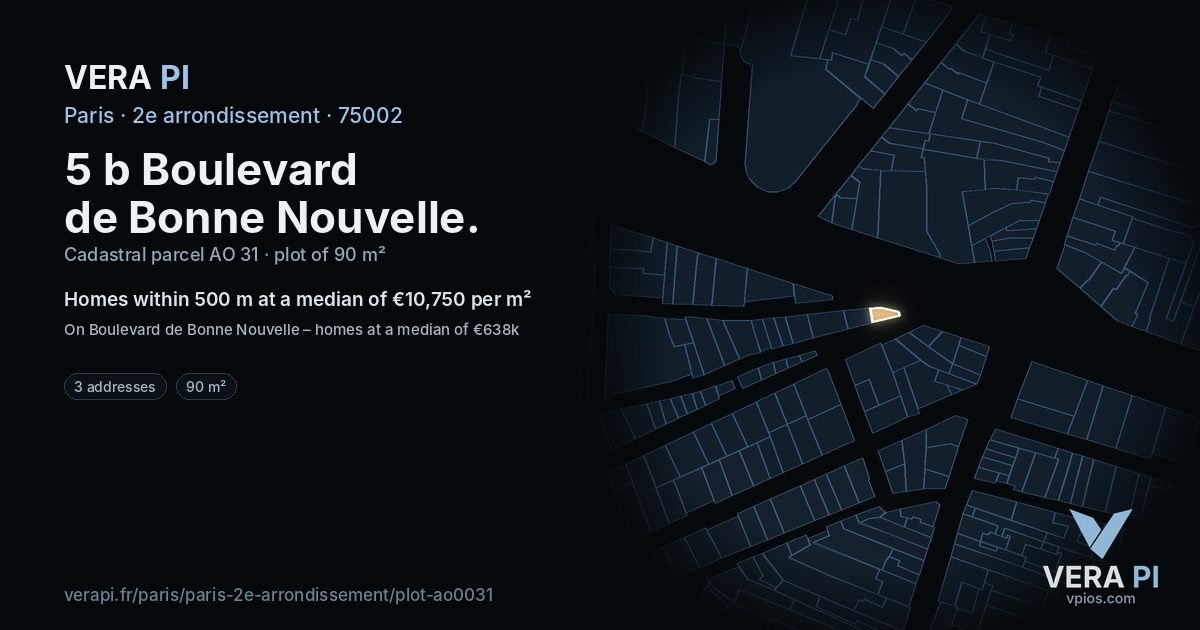 5 b Boulevard de Bonne Nouvelle, 2e arrondissement at night – the plot lit, the parcels around coloured by the prices near them
