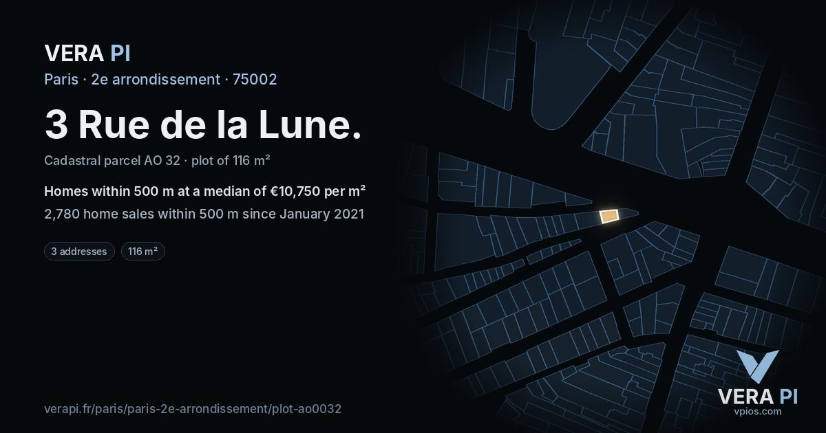 3 Rue de la Lune, 2e arrondissement at night – the plot lit, the parcels around coloured by the prices near them