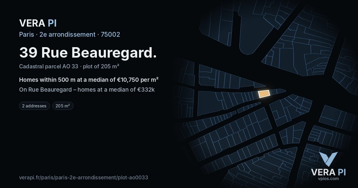 39 Rue Beauregard, 2e arrondissement at night – the plot lit, the parcels around coloured by the prices near them