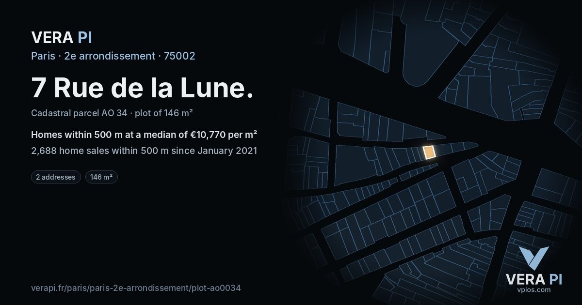 7 Rue de la Lune, 2e arrondissement at night – the plot lit, the parcels around coloured by the prices near them