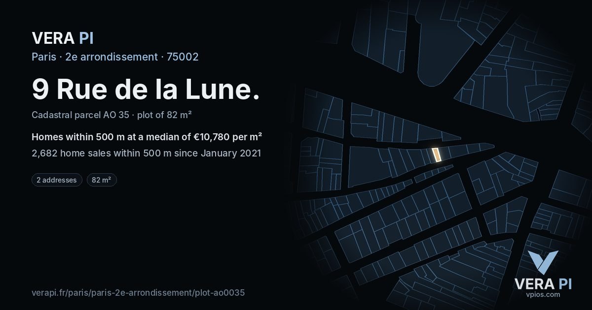 9 Rue de la Lune, 2e arrondissement at night – the plot lit, the parcels around coloured by the prices near them