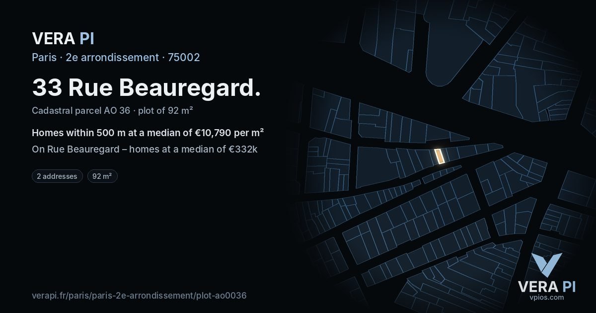 33 Rue Beauregard, 2e arrondissement at night – the plot lit, the parcels around coloured by the prices near them