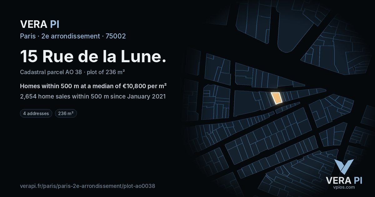 15 Rue de la Lune, 2e arrondissement at night – the plot lit, the parcels around coloured by the prices near them
