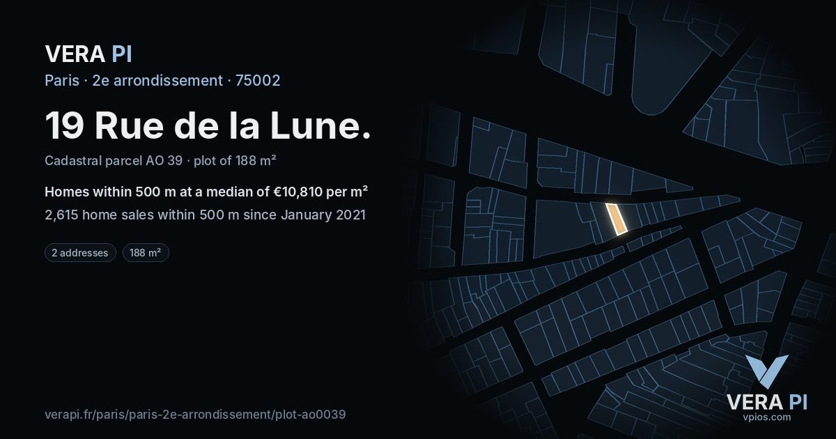 19 Rue de la Lune, 2e arrondissement at night – the plot lit, the parcels around coloured by the prices near them