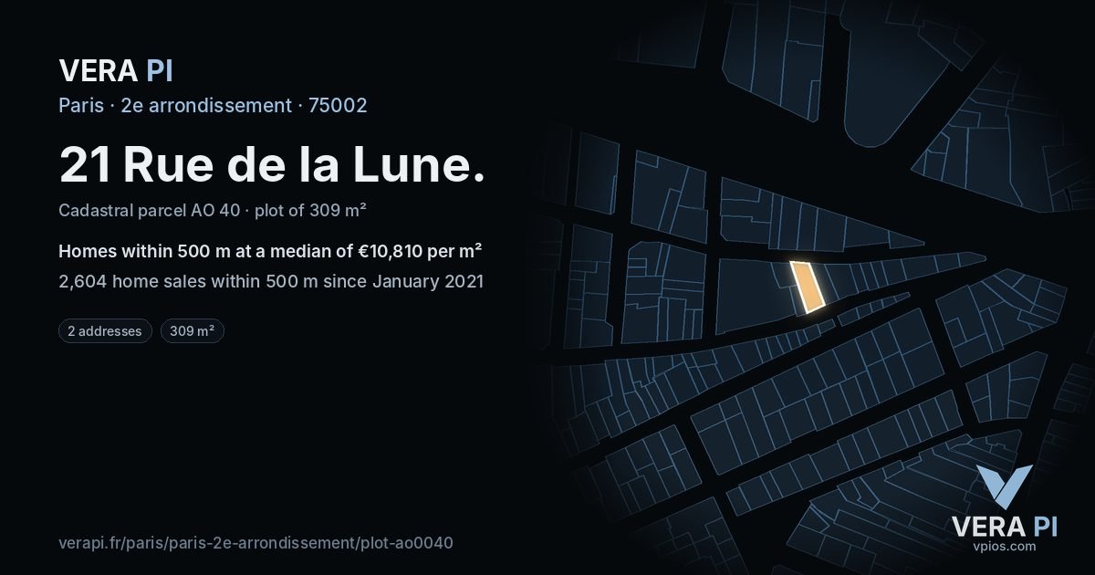 21 Rue de la Lune, 2e arrondissement at night – the plot lit, the parcels around coloured by the prices near them