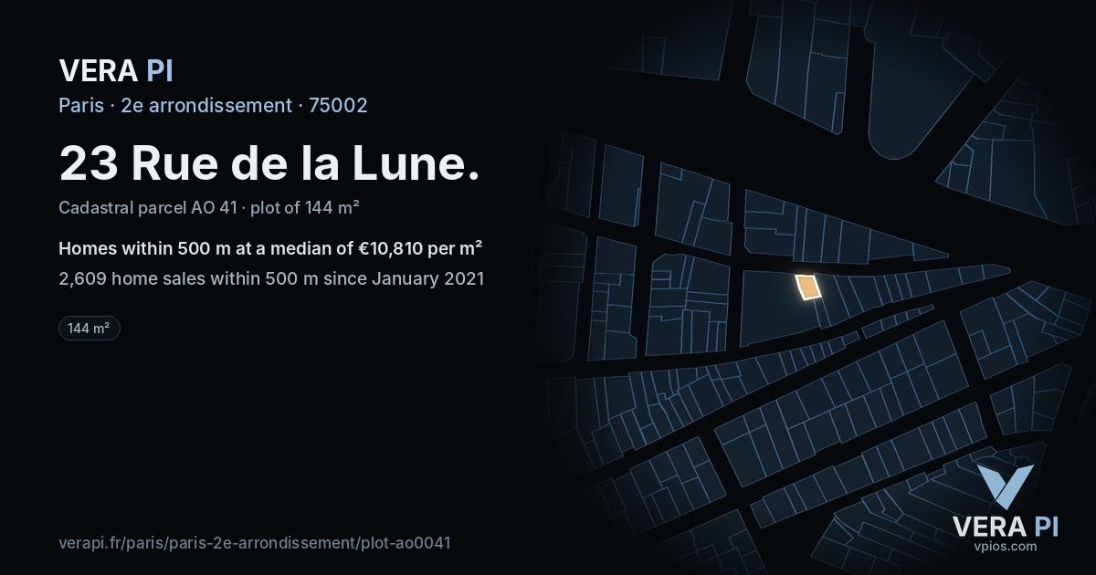 23 Rue de la Lune, 2e arrondissement at night – the plot lit, the parcels around coloured by the prices near them