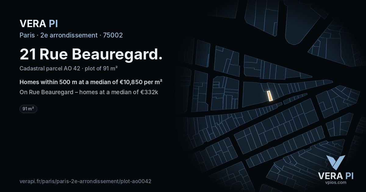 21 Rue Beauregard, 2e arrondissement at night – the plot lit, the parcels around coloured by the prices near them