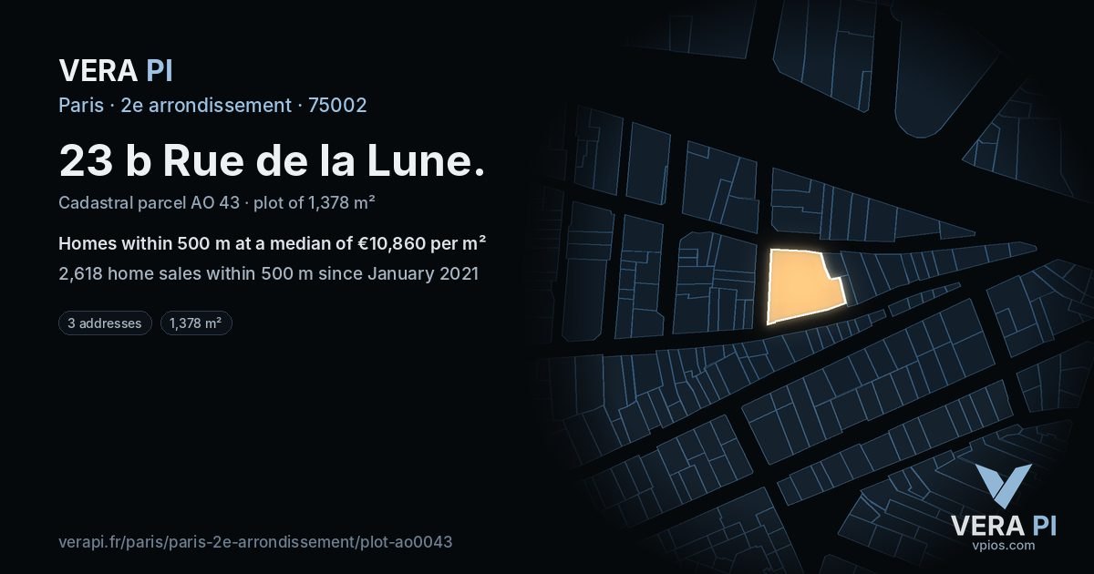 23 b Rue de la Lune, 2e arrondissement at night – the plot lit, the parcels around coloured by the prices near them