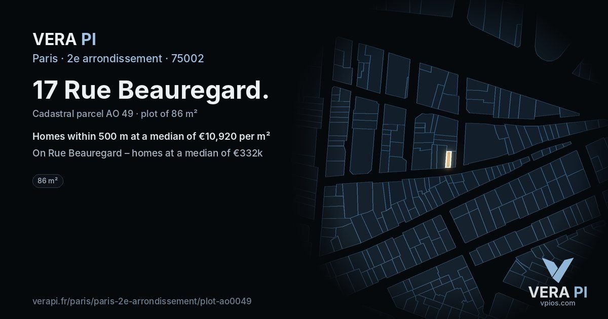 17 Rue Beauregard, 2e arrondissement at night – the plot lit, the parcels around coloured by the prices near them