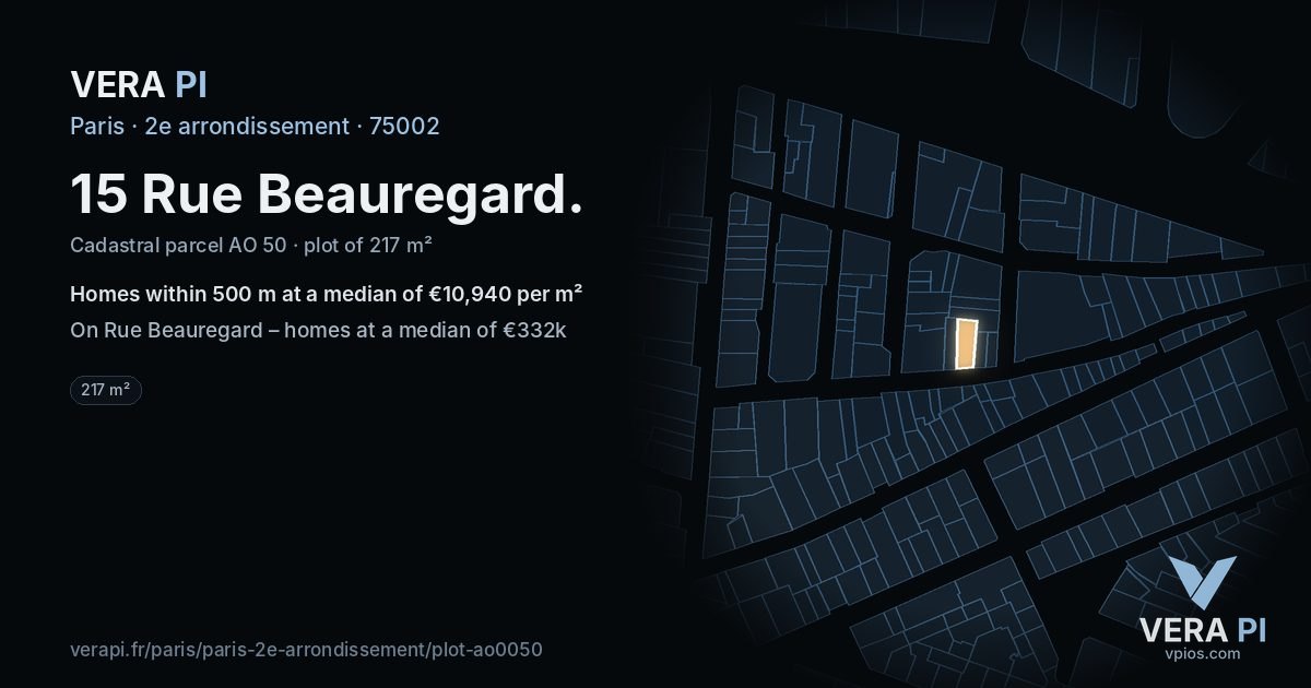 15 Rue Beauregard, 2e arrondissement at night – the plot lit, the parcels around coloured by the prices near them