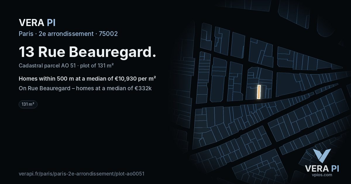 13 Rue Beauregard, 2e arrondissement at night – the plot lit, the parcels around coloured by the prices near them