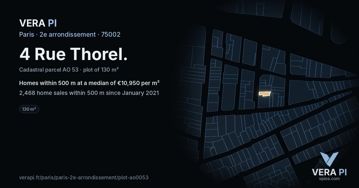 4 Rue Thorel, 2e arrondissement at night – the plot lit, the parcels around coloured by the prices near them