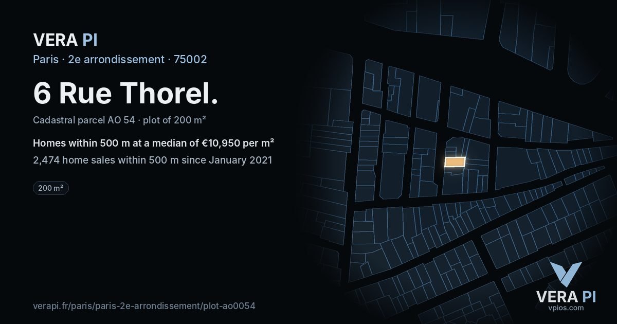 6 Rue Thorel, 2e arrondissement at night – the plot lit, the parcels around coloured by the prices near them
