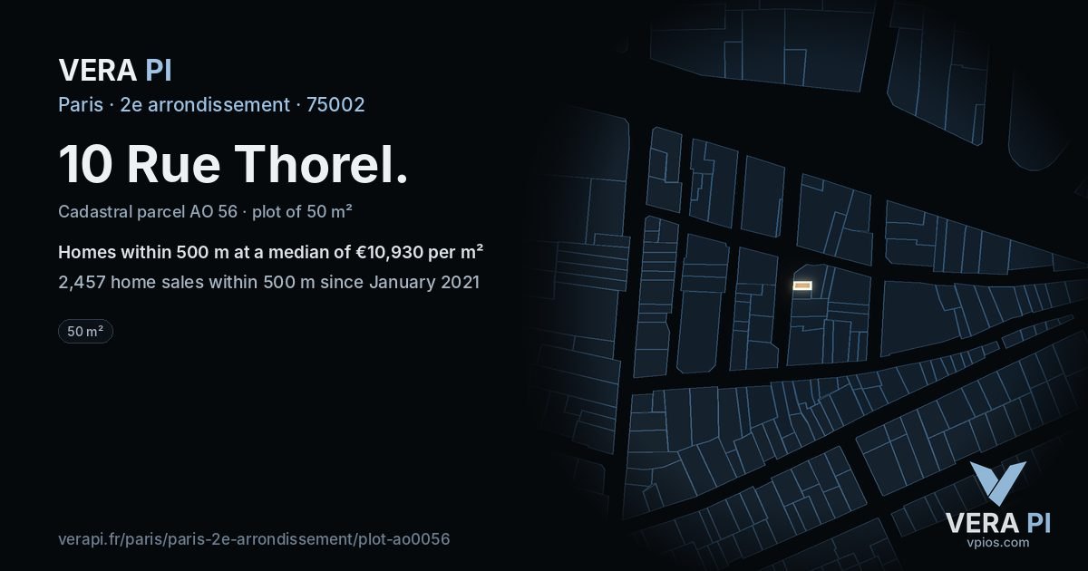 10 Rue Thorel, 2e arrondissement at night – the plot lit, the parcels around coloured by the prices near them