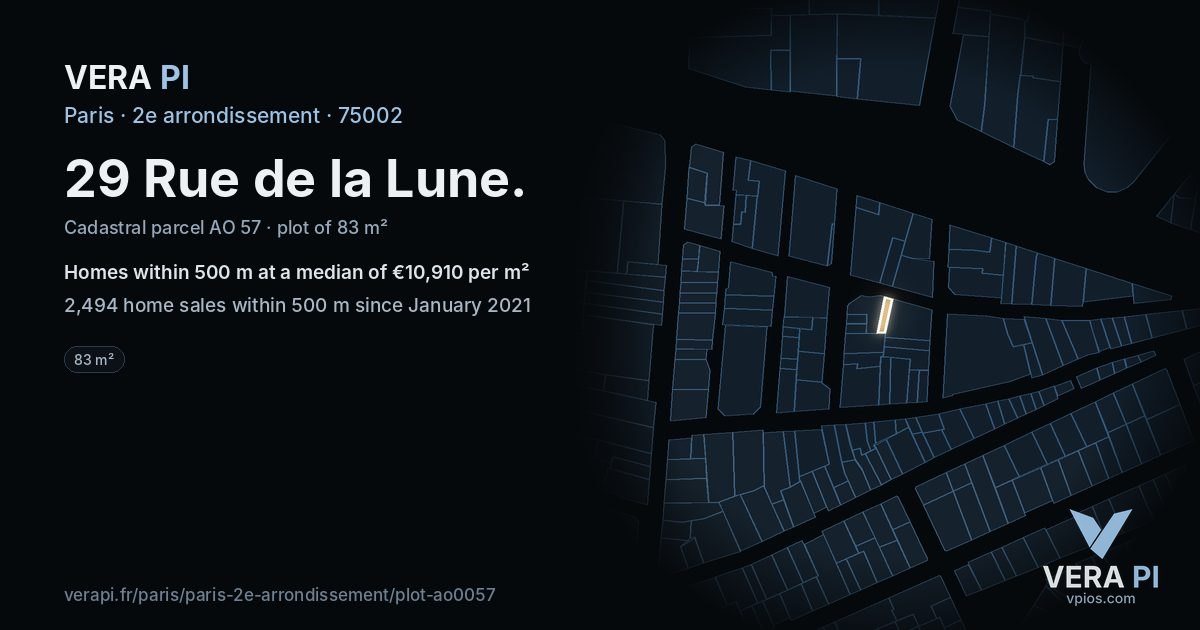 29 Rue de la Lune, 2e arrondissement at night – the plot lit, the parcels around coloured by the prices near them