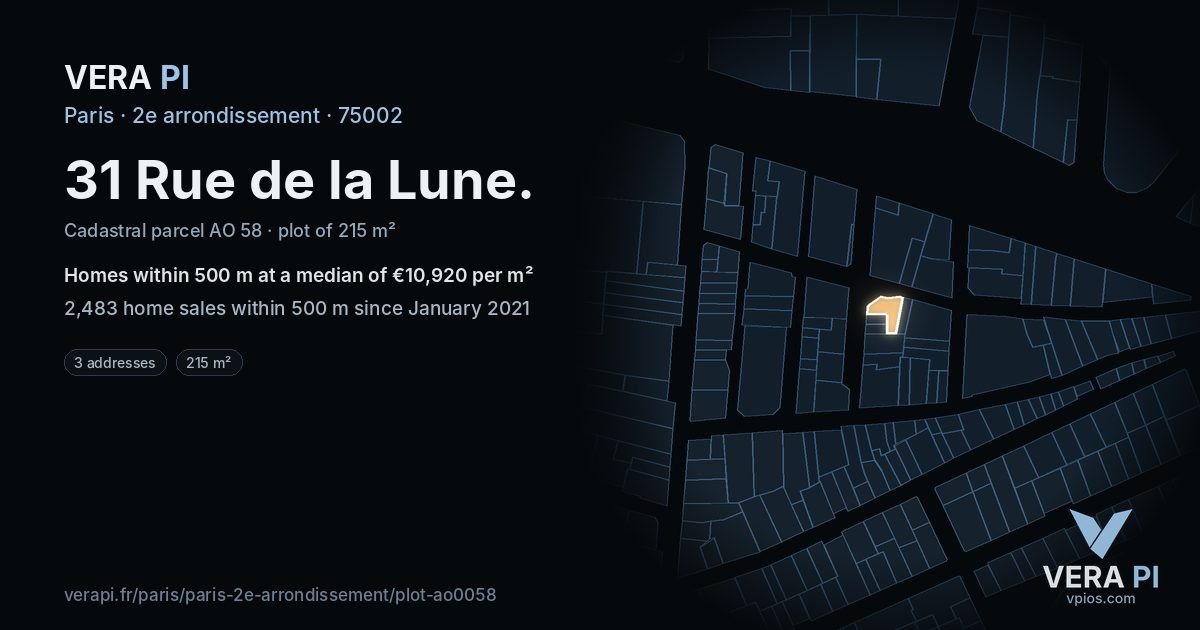 31 Rue de la Lune, 2e arrondissement at night – the plot lit, the parcels around coloured by the prices near them