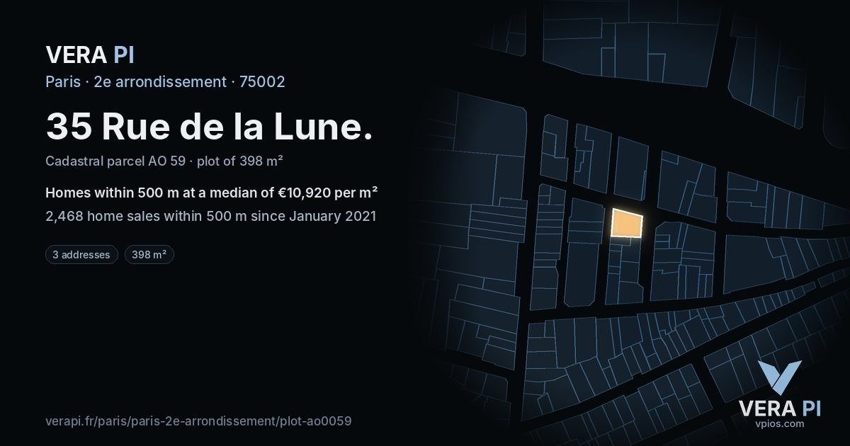 35 Rue de la Lune, 2e arrondissement at night – the plot lit, the parcels around coloured by the prices near them