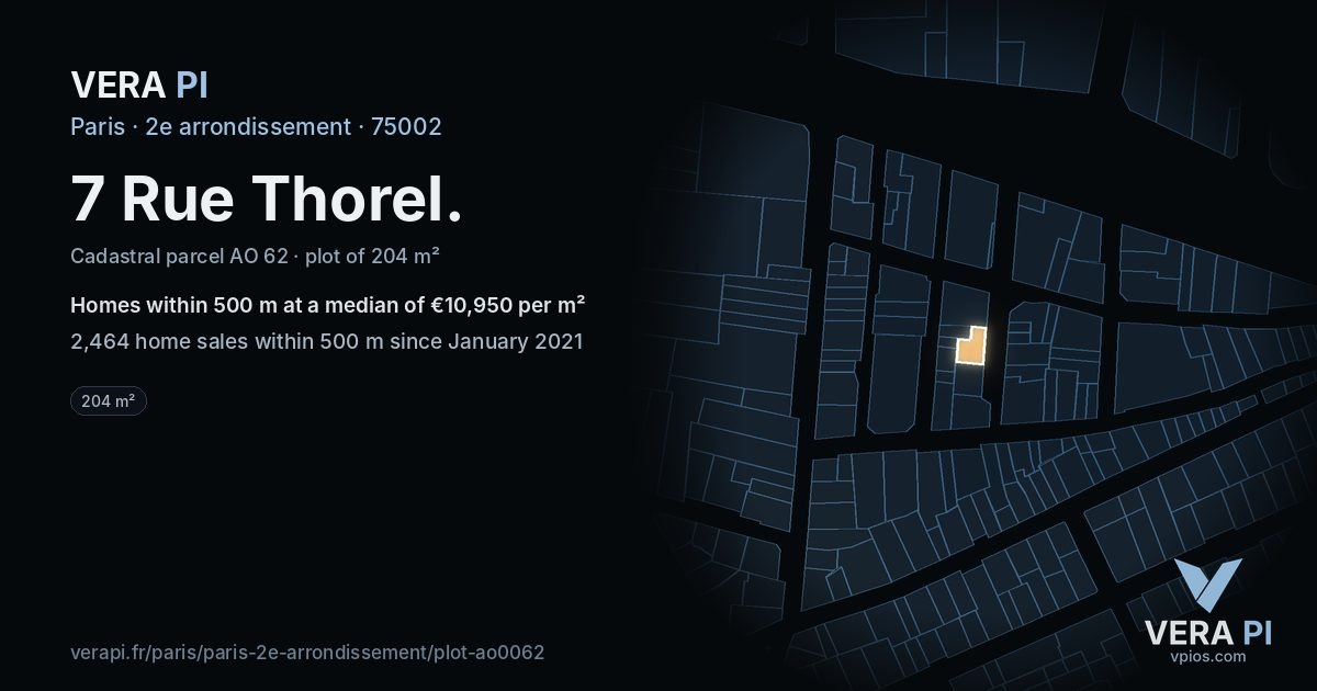 7 Rue Thorel, 2e arrondissement at night – the plot lit, the parcels around coloured by the prices near them