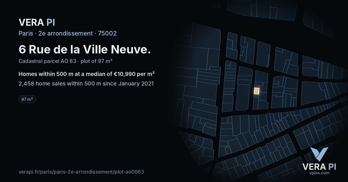 6 Rue de la Ville Neuve, 2e arrondissement at night – the plot lit, the parcels around coloured by the prices near them