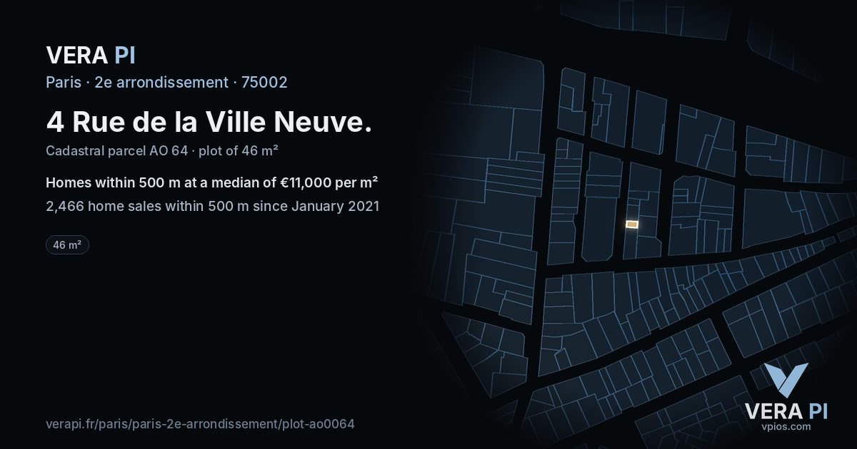 4 Rue de la Ville Neuve, 2e arrondissement at night – the plot lit, the parcels around coloured by the prices near them
