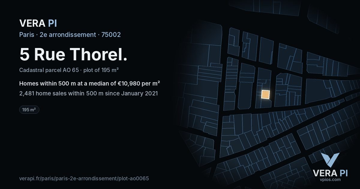 5 Rue Thorel, 2e arrondissement at night – the plot lit, the parcels around coloured by the prices near them