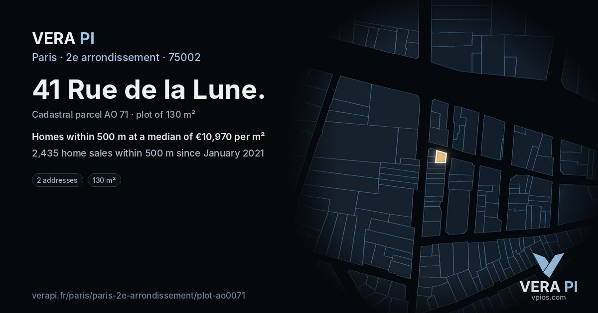 41 Rue de la Lune, 2e arrondissement at night – the plot lit, the parcels around coloured by the prices near them